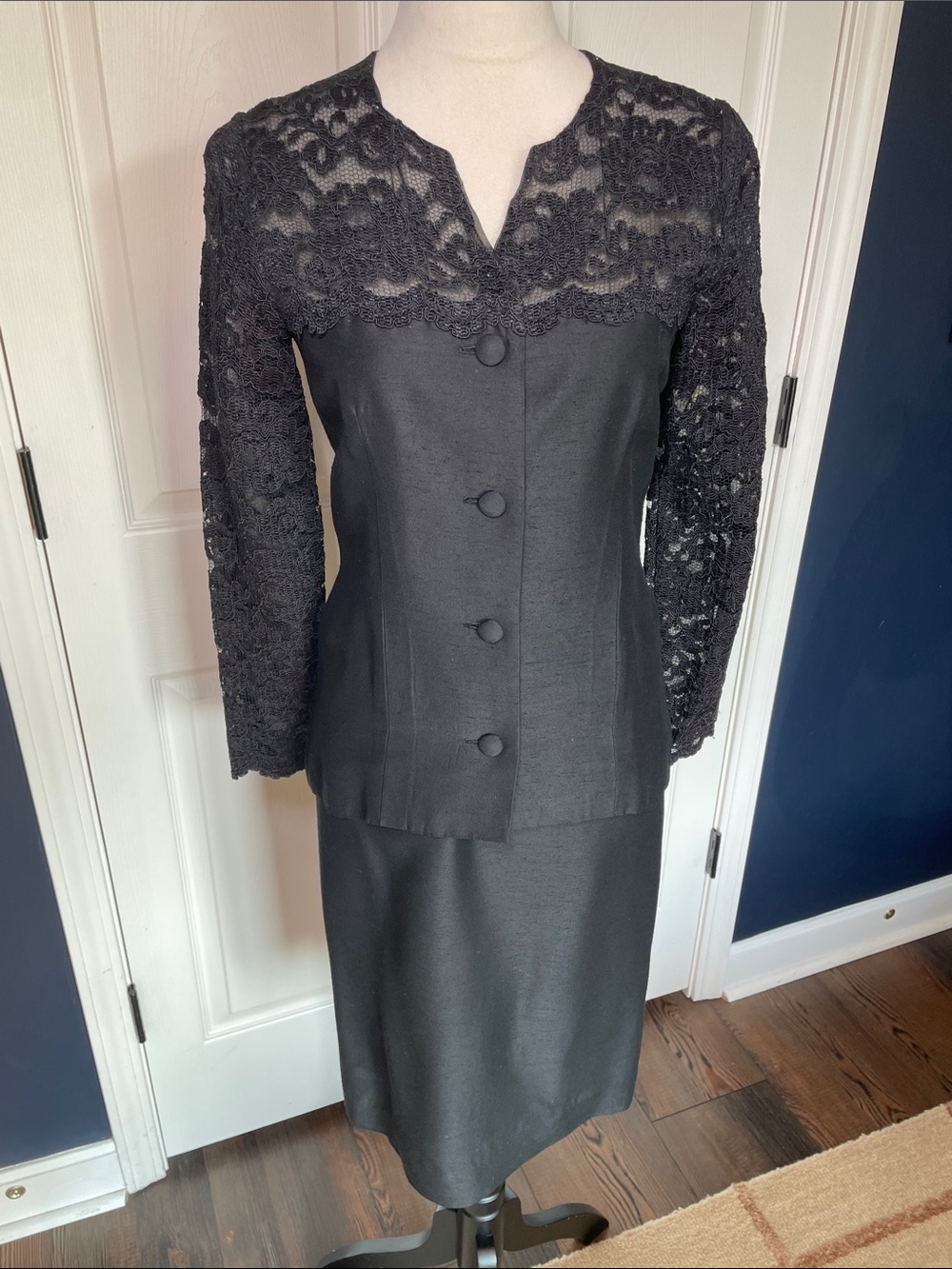 Vintage Handmade Black Skirt Suit Set Lace Sleeve Formal Evening Cocktail Sz 0